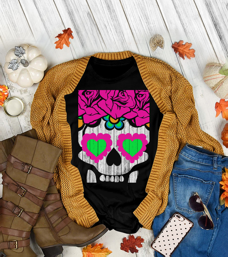 Ballet Folklorico Por Vida Sugar Skull Colorful Floral T-Shirt