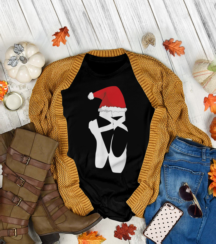 Ballet Pointe Shoe with Santa Hat Holiday Christmas T-Shirt