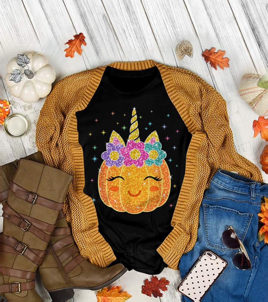 Glitter Sparkle Cute Unicorn Pumpkin with Flowers T-Shirt