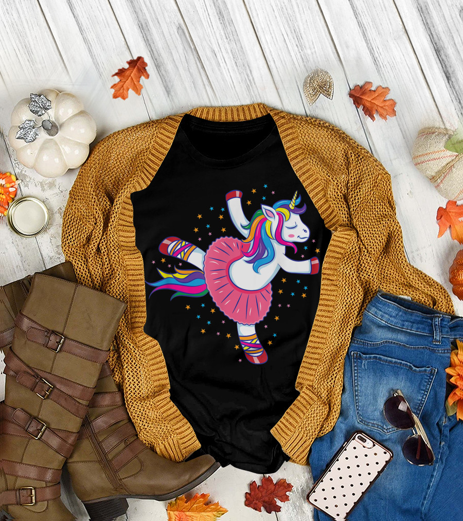 Dancing Ballerina Unicorn in Rainbow Tutu Surrounded by Stars T-Shirt