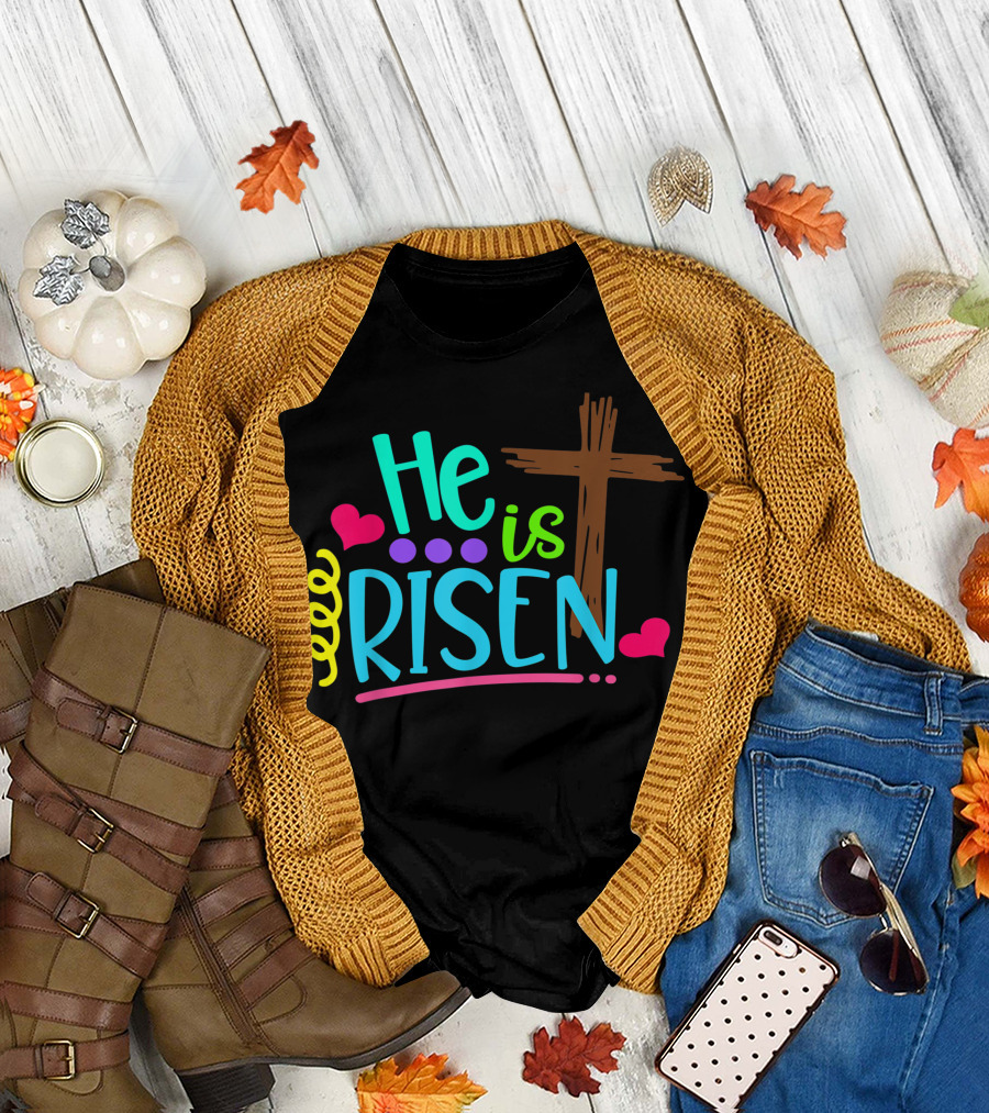 He Is Risen Scripture Matthew 286 Colorful Cross Hearts T-Shirt