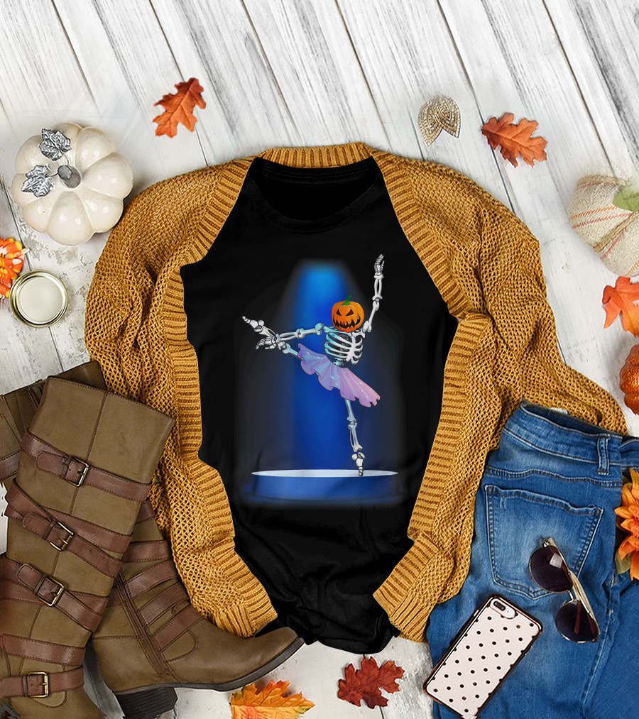 Skeleton Ballerina with Pumpkin Head in Halloween Ballet Pose T-Shirt