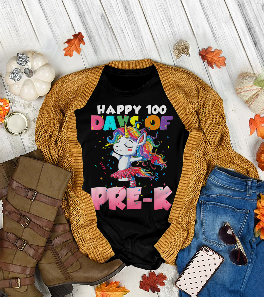 Happy 100 Days of Pre-K Unicorn Ballet Rainbow T-Shirt