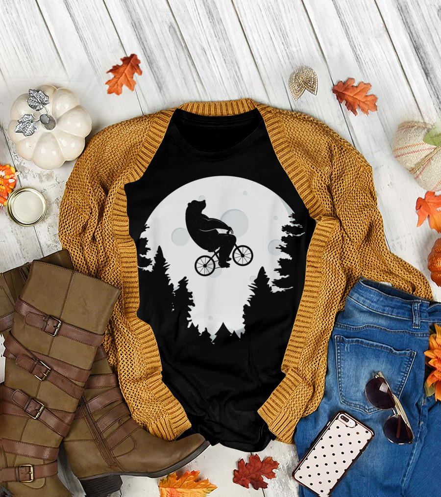 Bear Cycling Mountain Bike Over Moon Forest T-Shirt