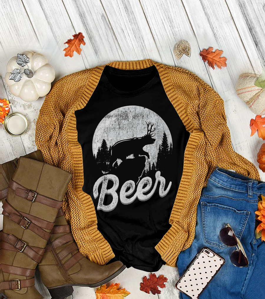 Bear Deer Beer Day Drinking Humor Moonlit Forest Scene T-Shirt