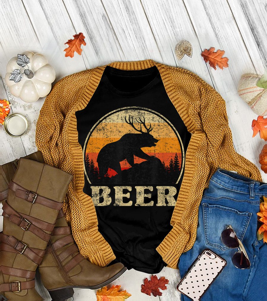 Bear Deer Antler Silhouette Sunset Beer T-Shirt