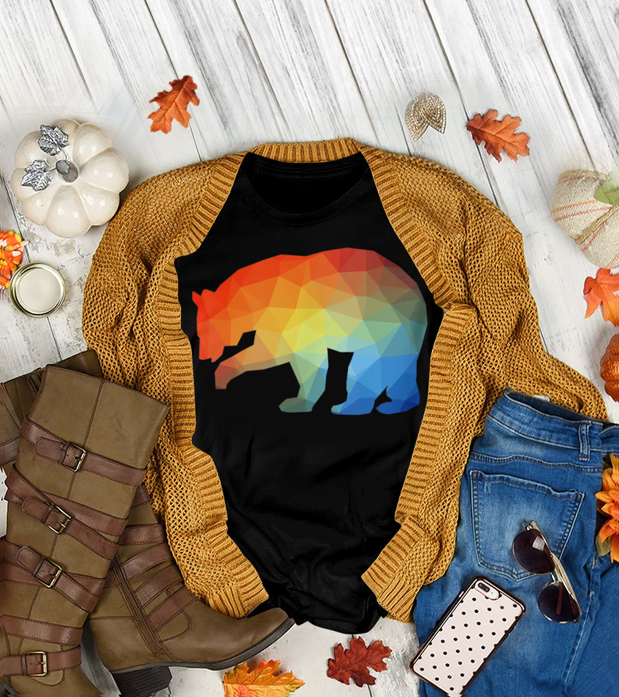 Bear Prism Wildlife Camping Lover Geometric Rainbow T-Shirt