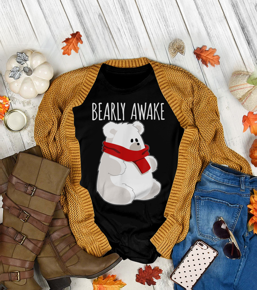 Bearly Awake Bear Christmas Sleep Red Scarf T-Shirt