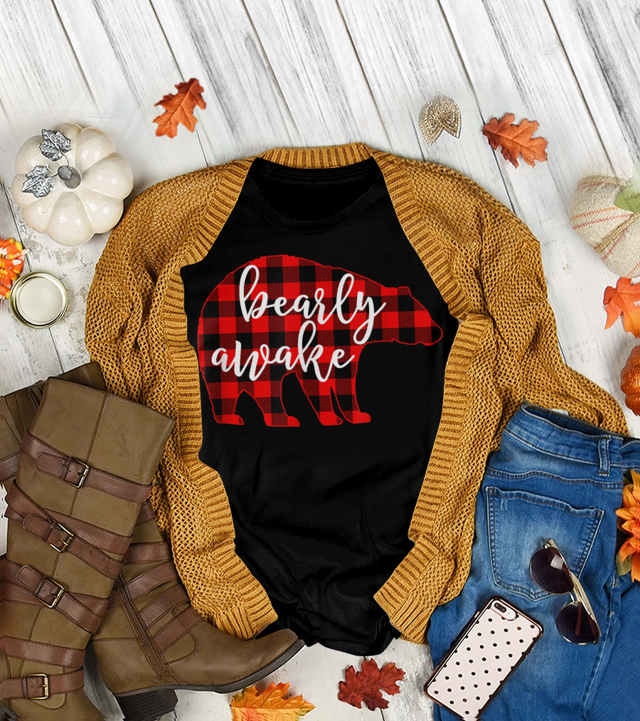 Bearly Awake Buffalo Plaid Bear Christmas Pun T-Shirt