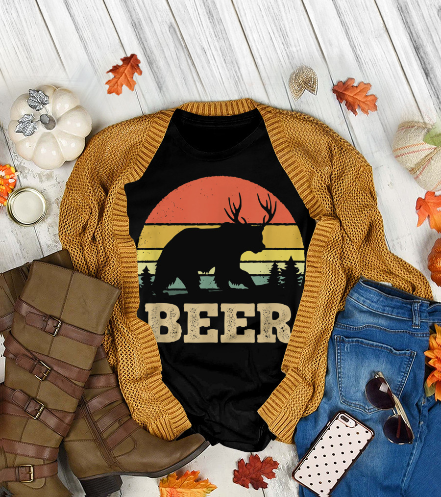 Beer Bear Deer Vintage Sunset Retro Forest T-Shirt