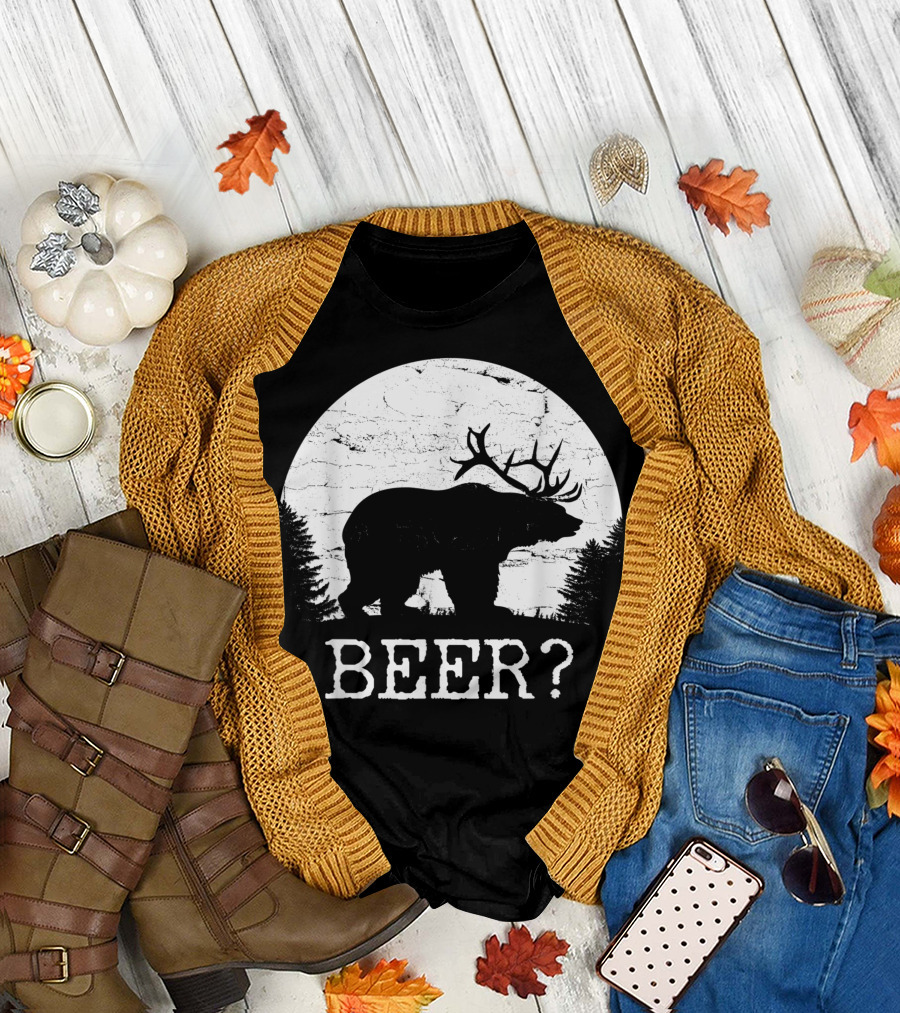 Beer Bear Deer IPA Pub Beer Drinking Antlered Silhouette Moon Scene T-Shirt