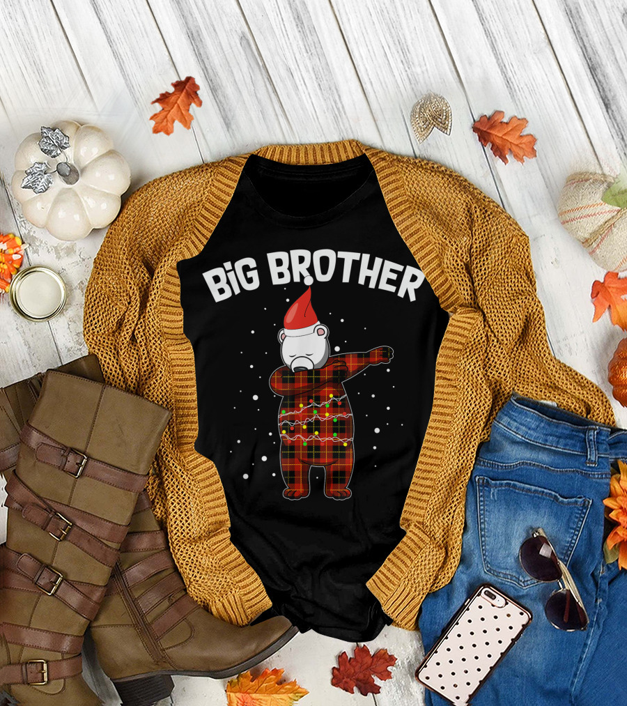 Big Brother Bear Dabbing Santa Hat Plaid Christmas Lights T-Shirt