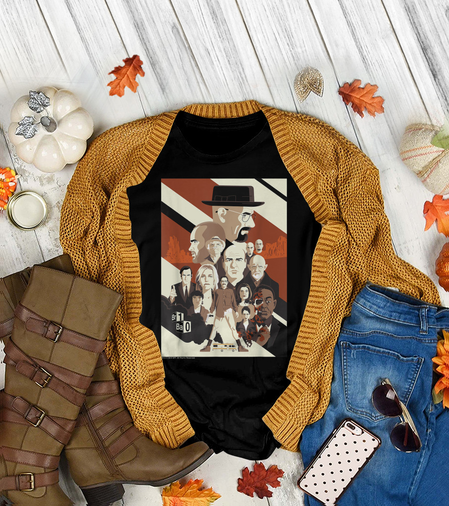Breaking Bad 10th Anniversary Br Ba Character Collage with Iconic Figures and RV Scene T-Shirt