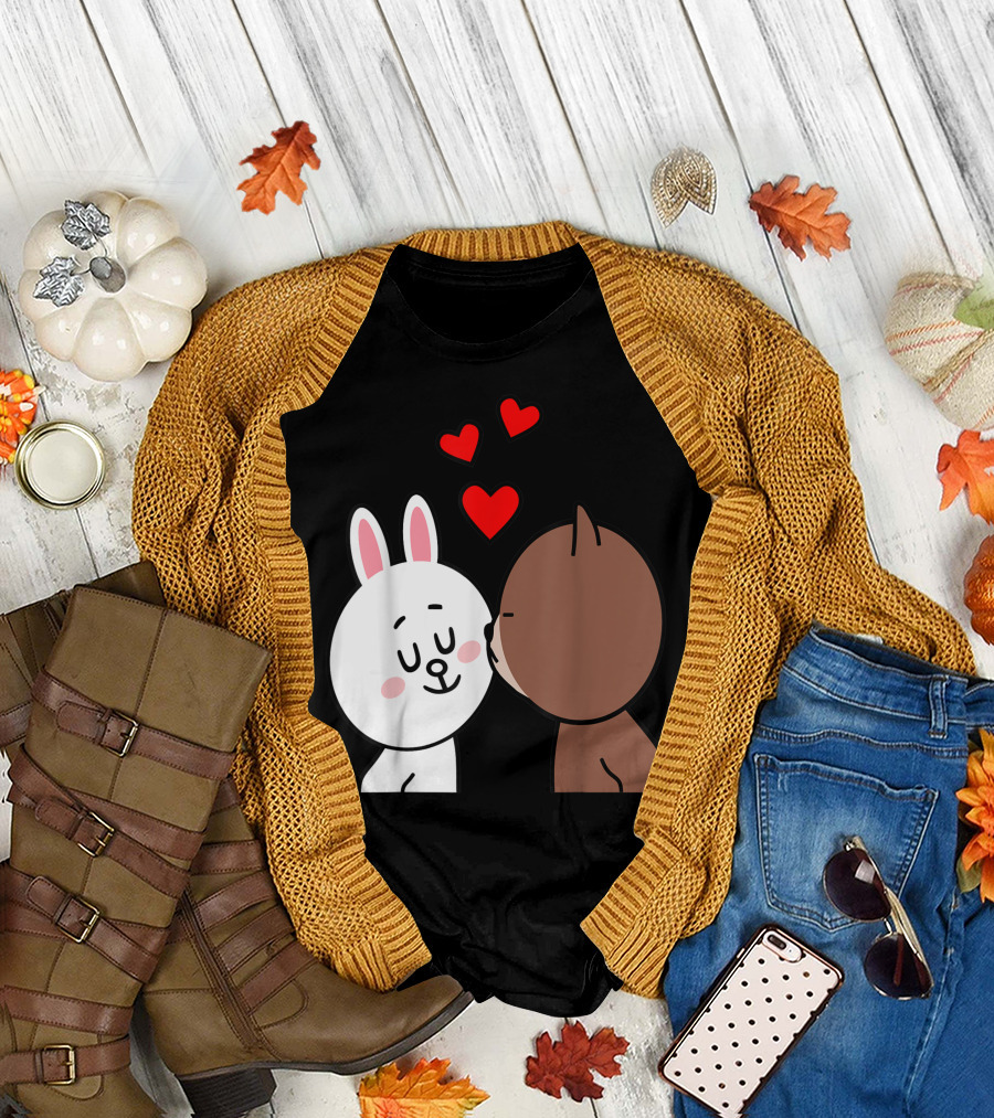 Brown Bear Cony Bunny Rabbit Love Kiss with Hearts and Affection T-Shirt