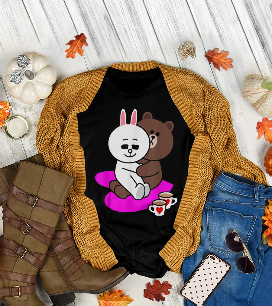 Brown Bear Cony Bunny Rabbit Two Hearts and Tea Cups Valentine's Day T-Shirt