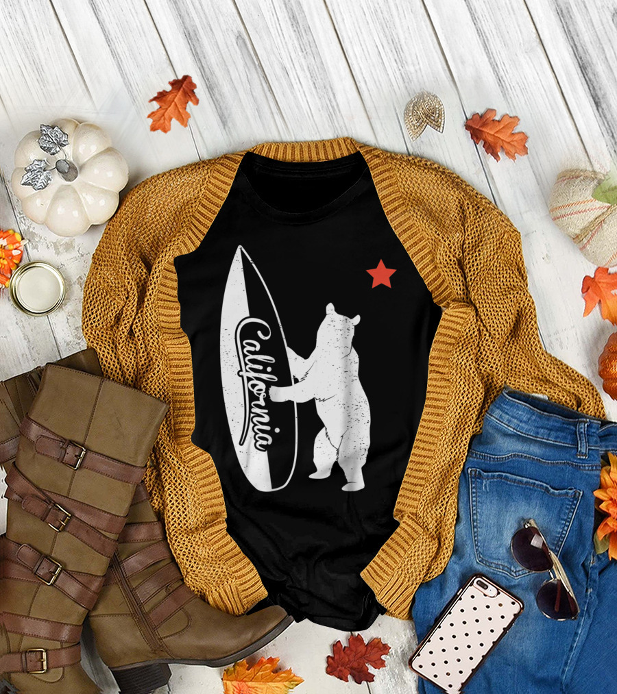 California Republic Surf Bear Vintage Cali Red Star T-Shirt