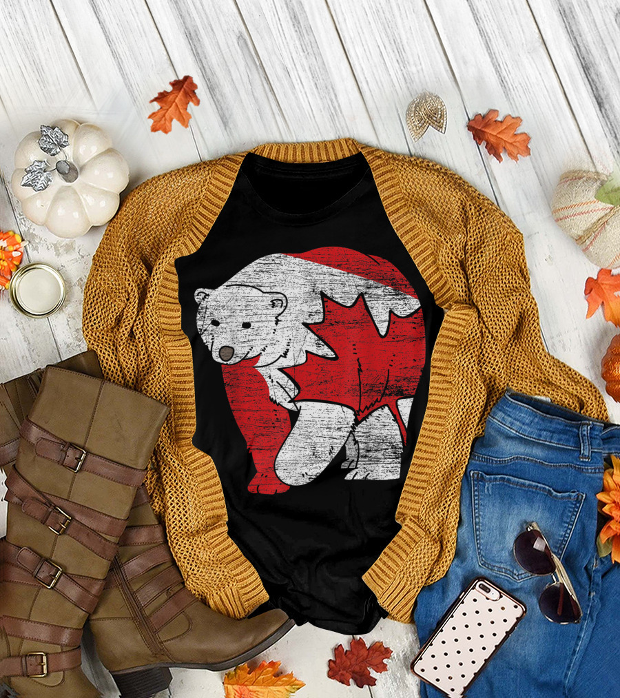 Canadian Polar Bear with Maple Leaf Flag T-Shirt