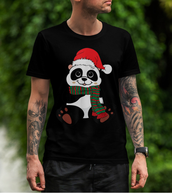 Christmas Panda Santa Hat Scarf Winter Vacation Animal Lovers T-Shirt