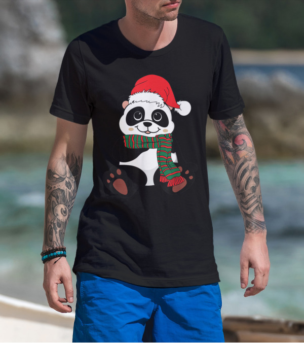 Christmas Panda Santa Hat Scarf Winter Vacation Animal Lovers T-Shirt