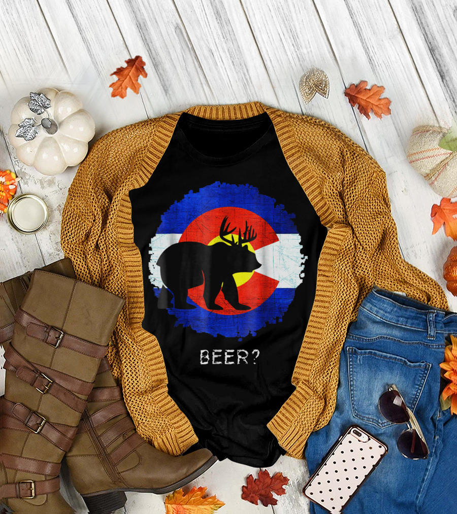 Colorado Flag Bear Deer Silhouette Beer Question T-Shirt