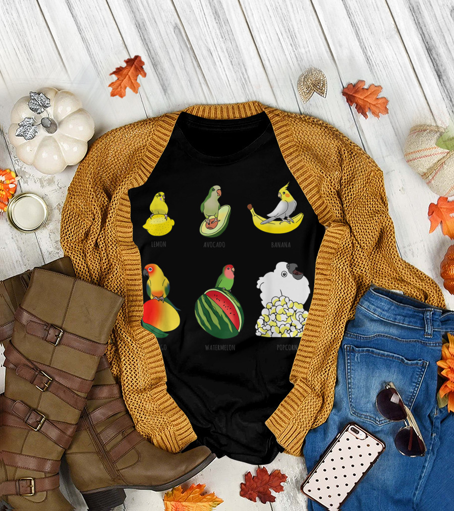 Cute Bird Doodles Birb Memes Pet Owner Parrot Lemon Avocado Banana Mango Watermelon Popcorn T-Shirt