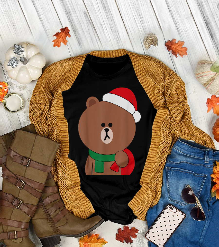 Brown Bear with Santa Hat and Scarf Christmas Winter Holiday T-Shirt