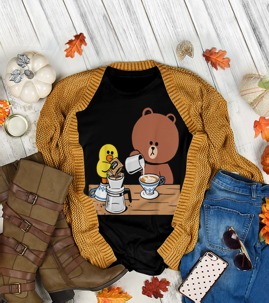 Cute Brown Bear and Duck Enjoy I Love Coffee Moment T-Shirt