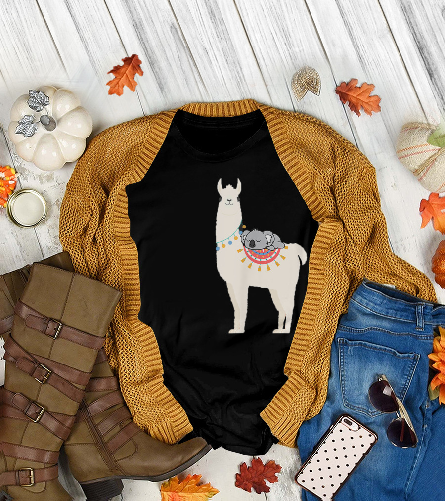 Cute Koala Napping on Decorated Llama Alpaca T-Shirt