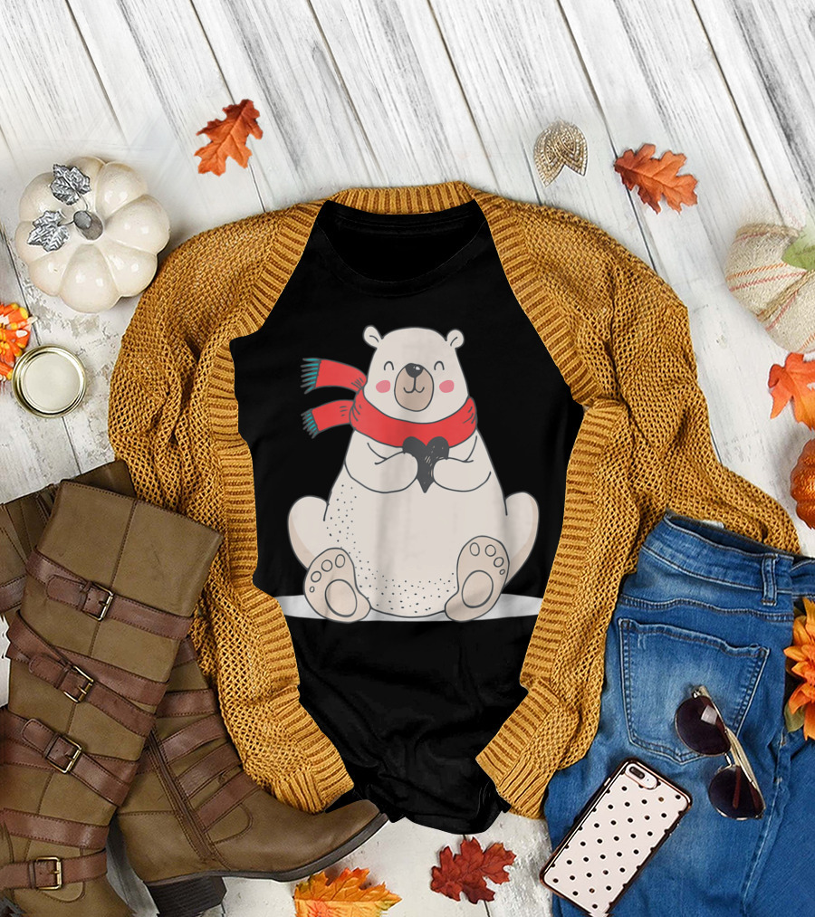 Cute Mama Polar Bear Holding Heart Red Scarf Christmas Holiday T-Shirt