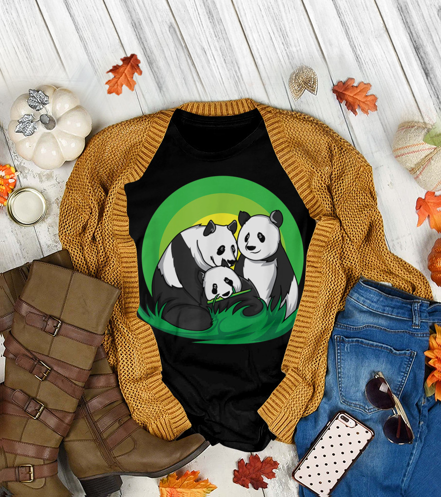 Cute Panda Bears Cuddling I Panda Family Green Background T-Shirt