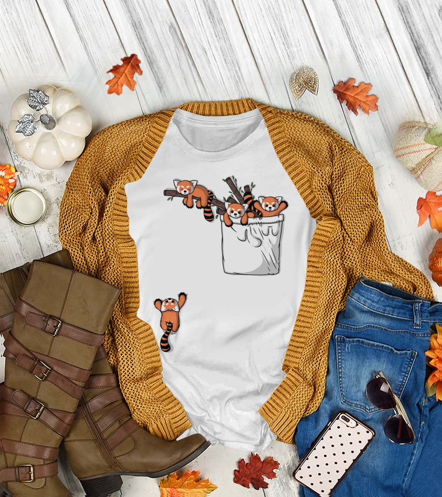 Cute Red Panda Bear Family Hanging and Climbing Playfully in Pocket T-Shirt