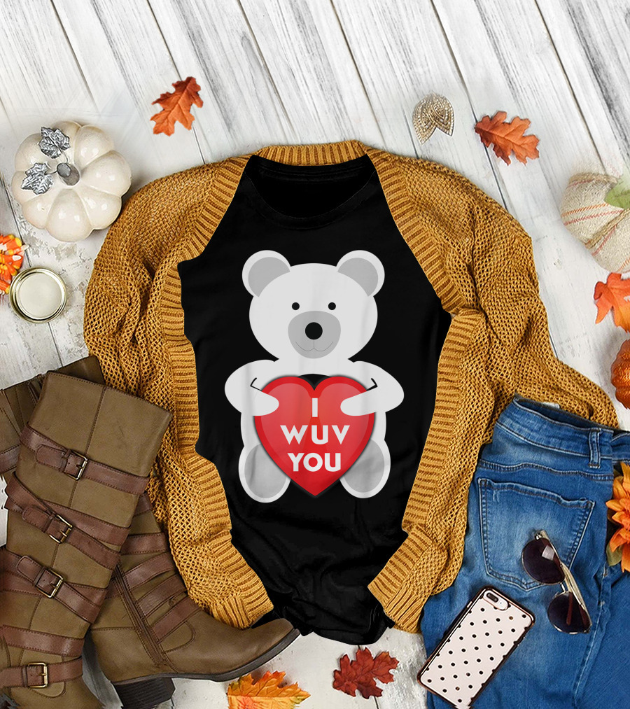 Cute Valentines Day Couples I Wuv You Bear Hugging Red Heart T-Shirt