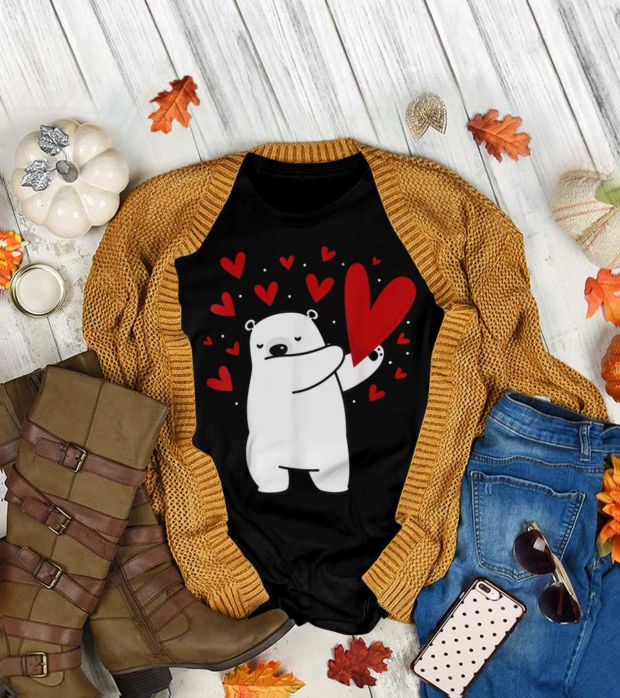Dabbing Polar Bear Holding Heart Surrounded by Red Hearts Valentines Day Animal Lover T-Shirt