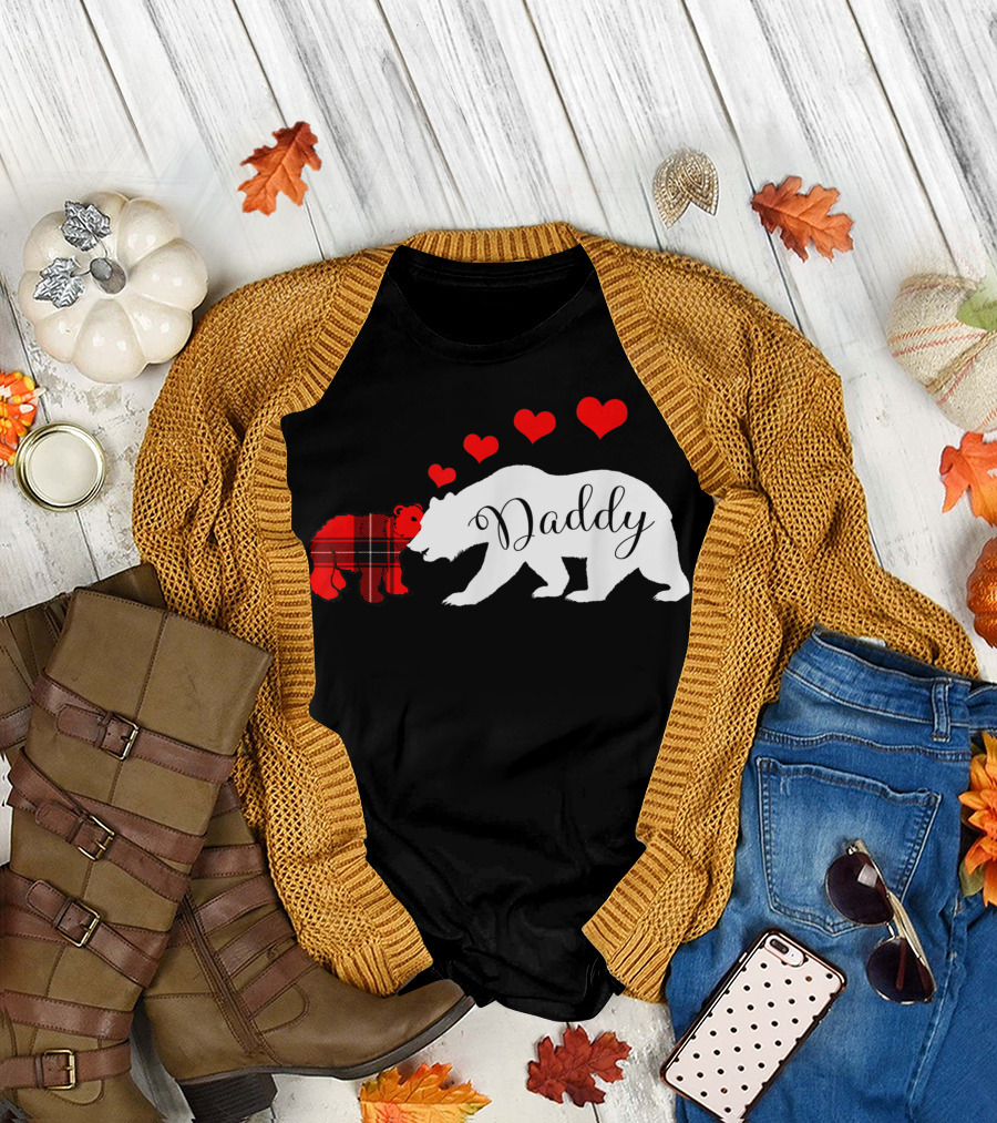 Daddy Bear Buffalo Plaid Cub Dad Valentines Day Hearts T-Shirt