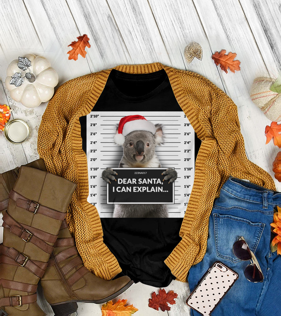 Dear Santa I Can Explain Christmas Koala Mugshot with Santa Hat T-Shirt