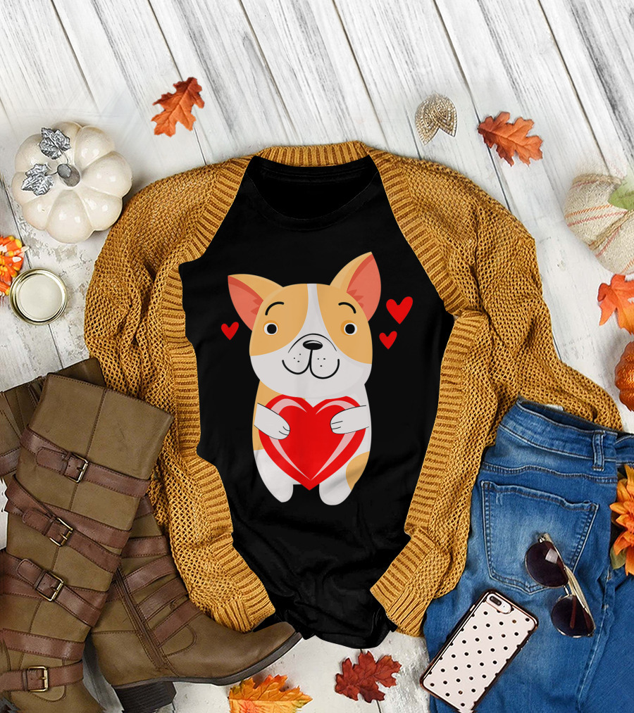 Valentine's Day Dog Hugging Heart with Red Love Symbols for Him and Her T-Shirt