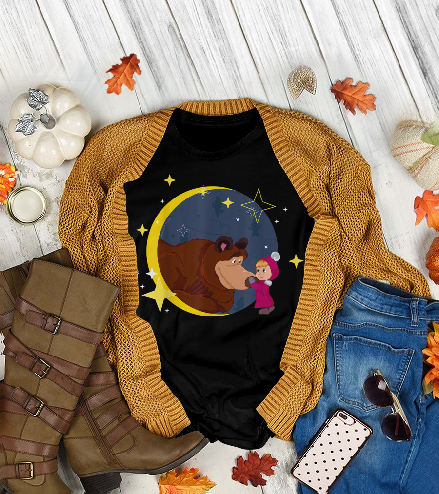 Moonlit Bear and Child Dreams with Stars T-Shirt