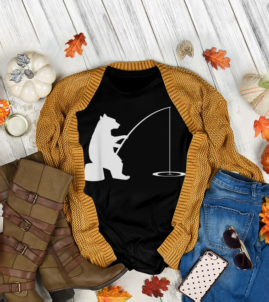 Fishing Bear Ice Fishing Scene T-Shirt