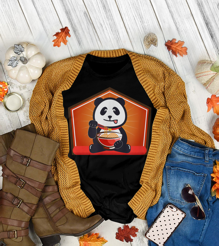 Fortune Panda Cute Panda Bear Eating Chinese Noodles T-Shirt