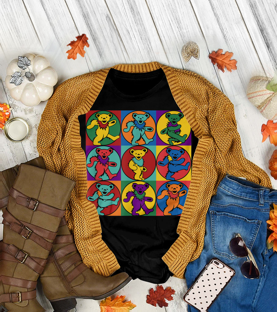 Gd Warhol Dancing Bears Not Fade Away Grateful Tortuga Nine Colorful Squares T-Shirt