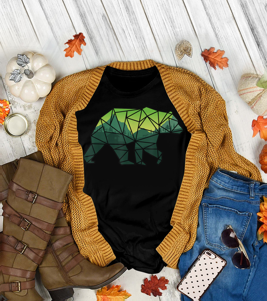 Geometric Bear with Green Mountain Landscape and Forest T-Shirt