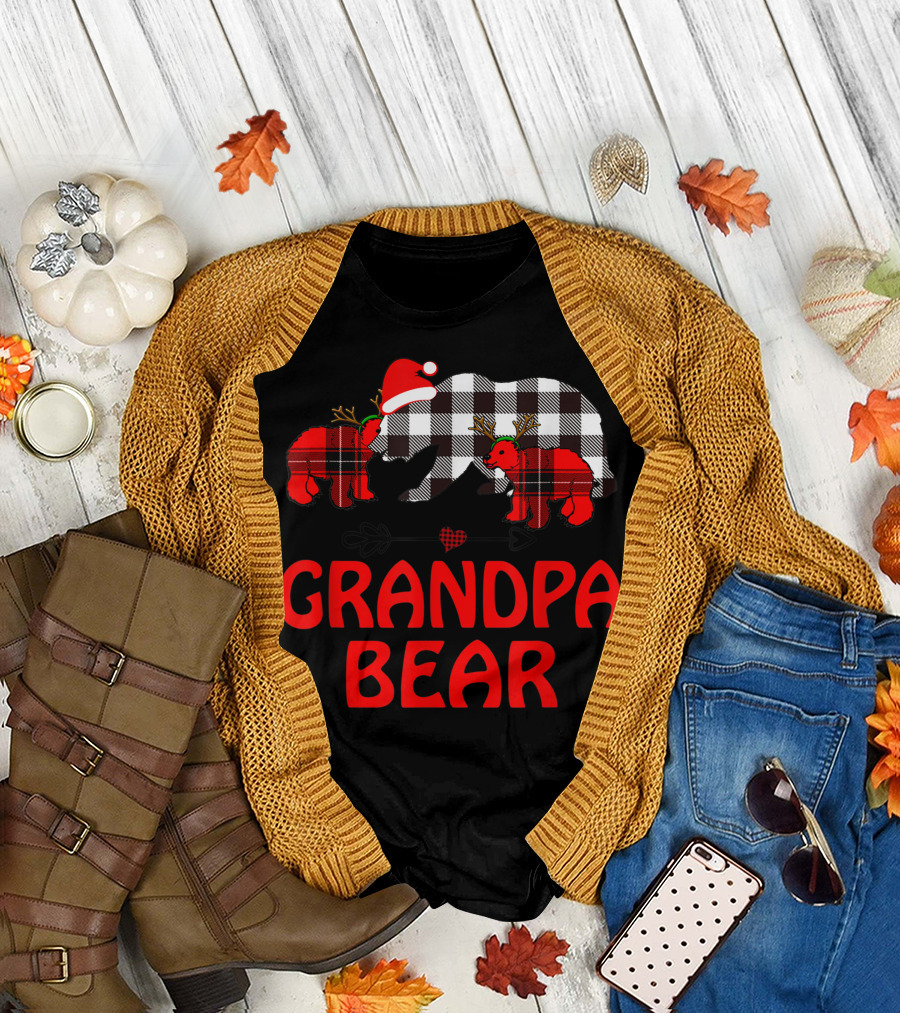 Grandpa Bear Red Plaid Buffalo with Two Cubs and Santa Hat Holiday T-Shirt