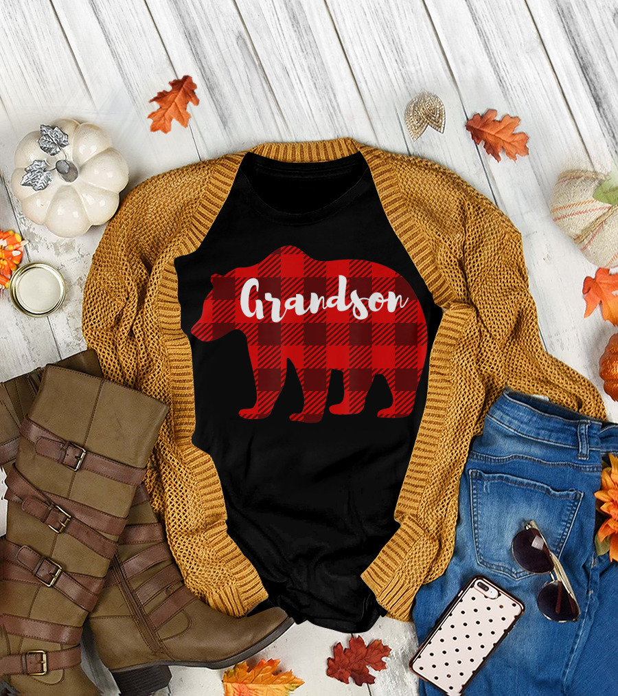 Grandson Bear Plaid Clothing Boys Grandkids Family T-Shirt
