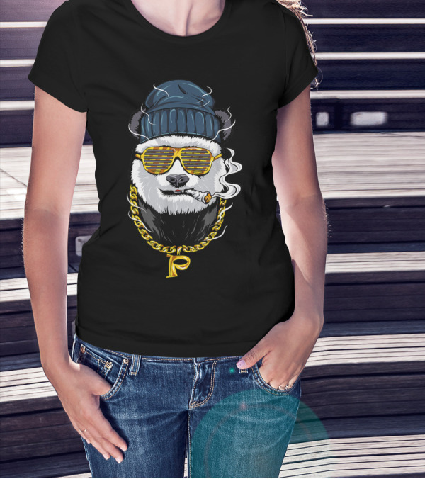 Hip Hop Sunglasses Chain Smoking Weed Gangster Panda In Beanie T-Shirt