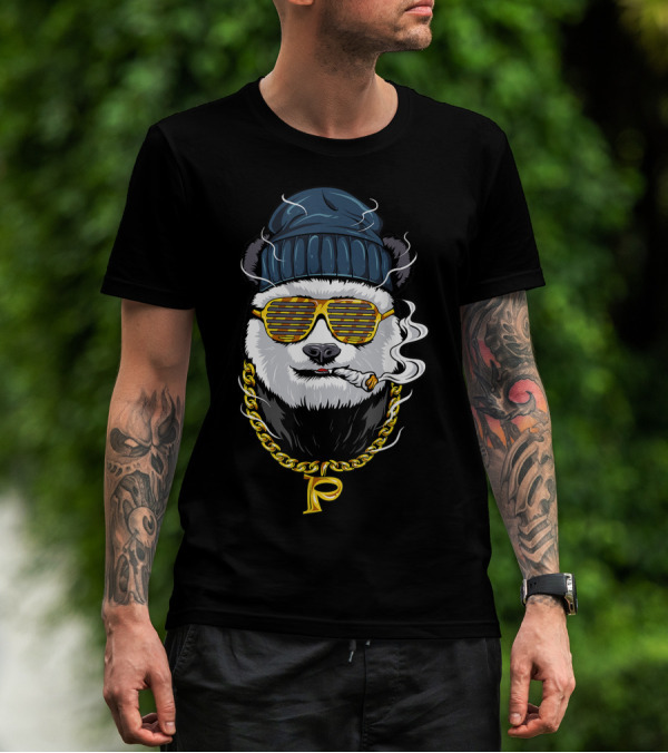 Hip Hop Sunglasses Chain Smoking Weed Gangster Panda In Beanie T-Shirt