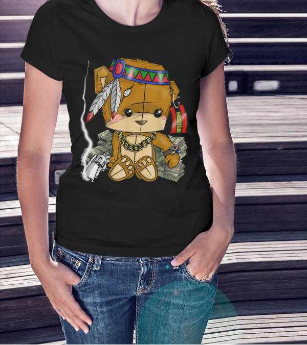 Hustle Clothing Bear With Native American Headdress Stack Of Cash And Gun T-Shirt