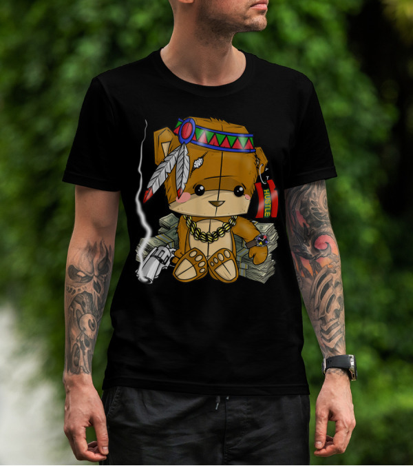 Hustle Clothing Bear With Native American Headdress Stack Of Cash And Gun T-Shirt