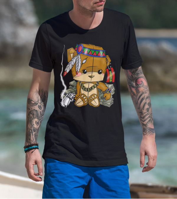 Hustle Clothing Bear With Native American Headdress Stack Of Cash And Gun T-Shirt