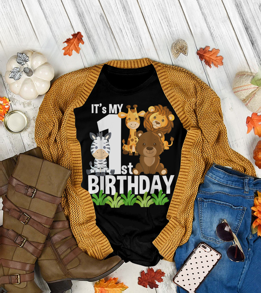 It's My 1st Birthday Zoo Safari Jungle Animals Lion Bear Giraffe Zebra T-Shirt