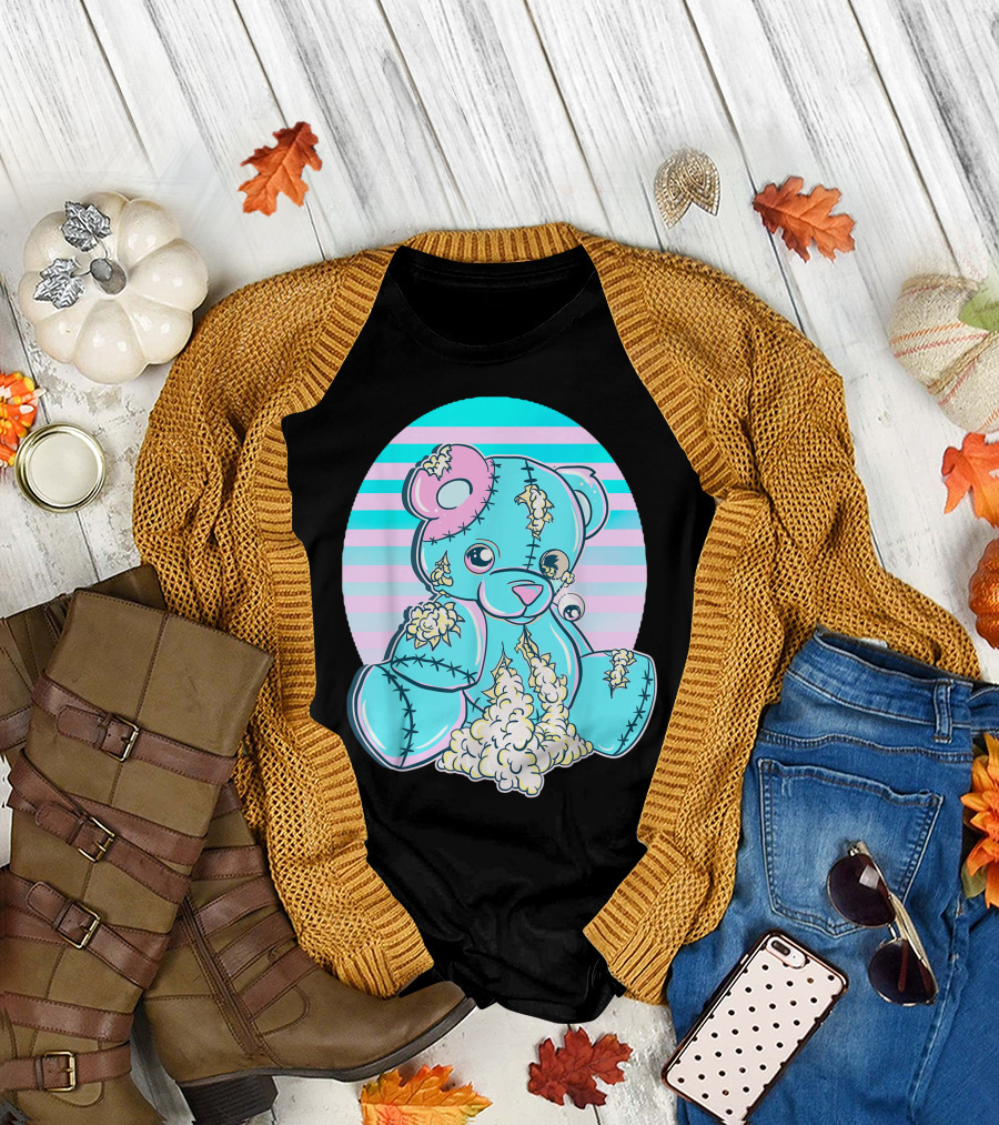 Japanese Anime Menhera Sad Pastel Goth Teddy Bear Stripes Cotton Stuffed Aesthetic T-Shirt